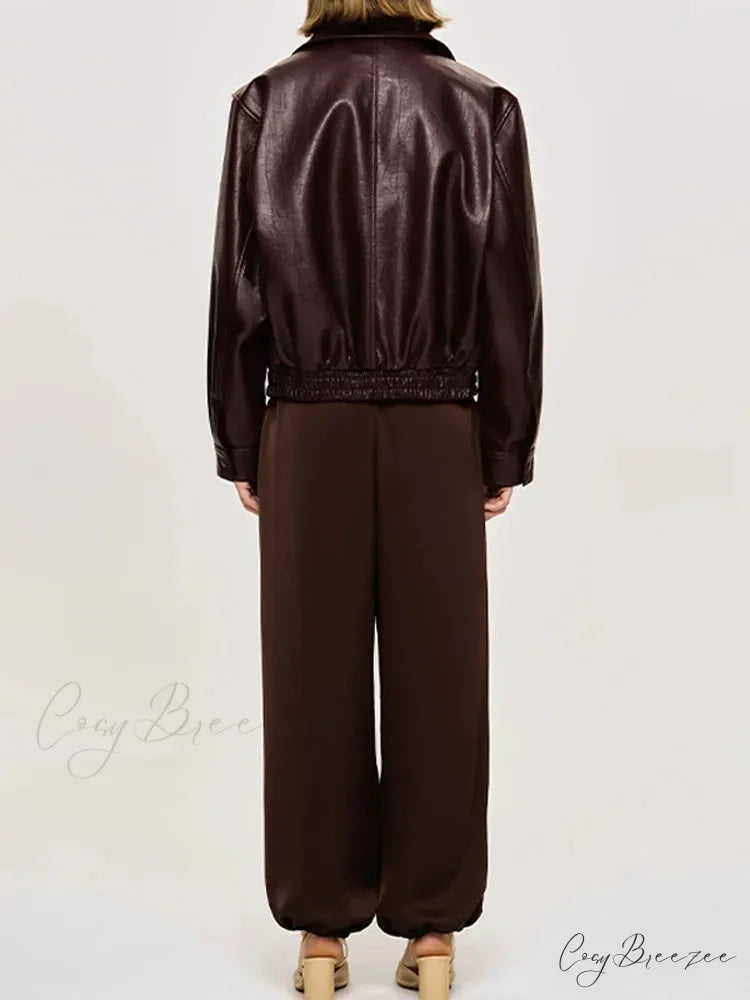 Korean Black Leather Winter Long Moto Biker Zipper Streetwear Loose Jacket