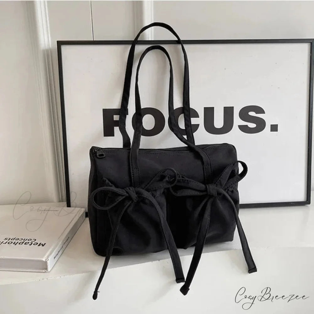 Korean Bow Nylon Foldable Bag Black shoulder-250126
