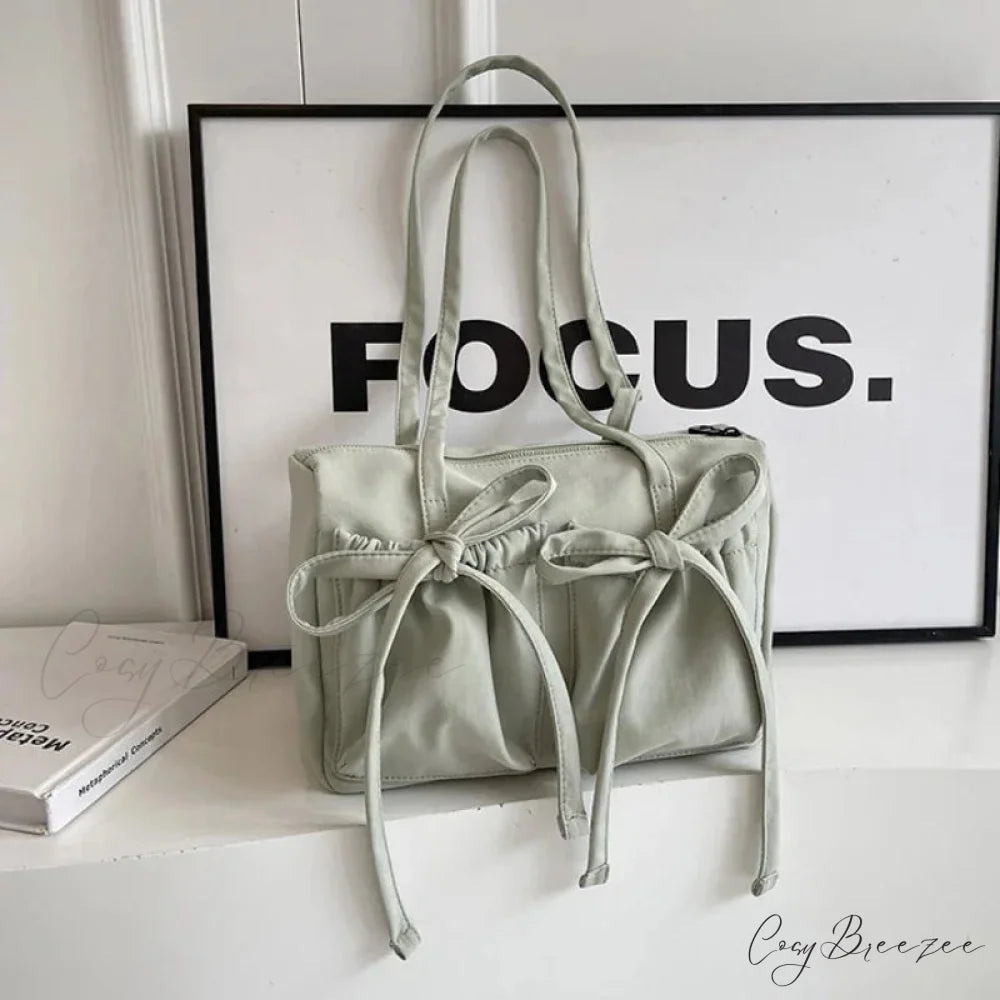 Korean Bow Nylon Foldable Bag Green shoulder-250126