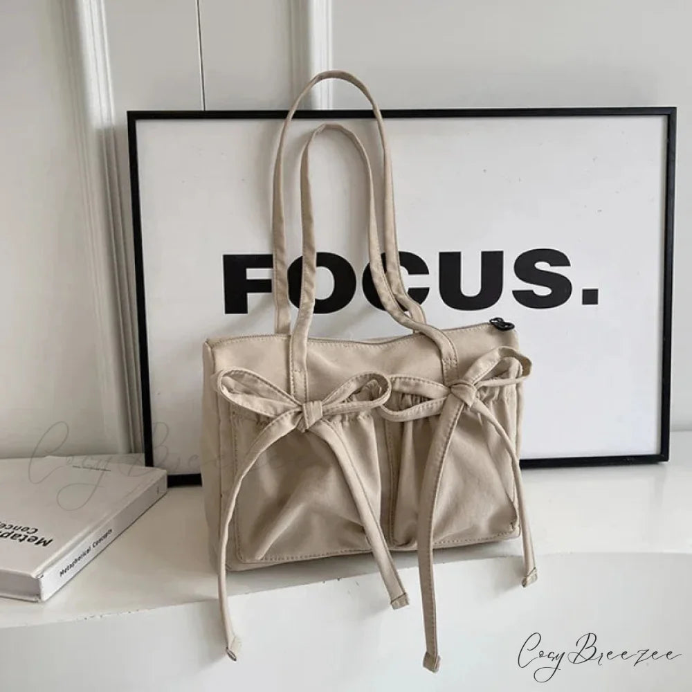 Korean Bow Nylon Foldable Bag Khaki shoulder-250126