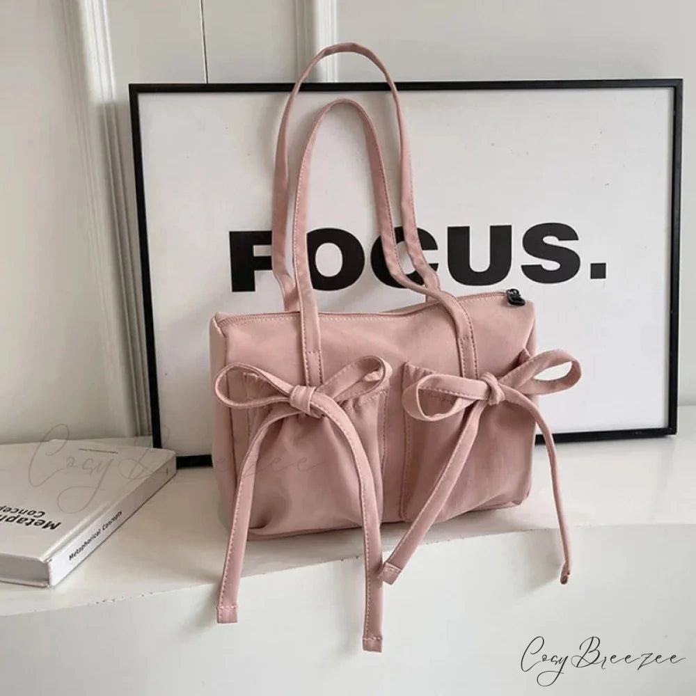 Korean Bow Nylon Foldable Bag Pink shoulder-250126