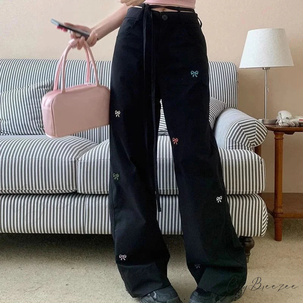 Korean Butterfly Embroidered Pants Black / S pants-241228