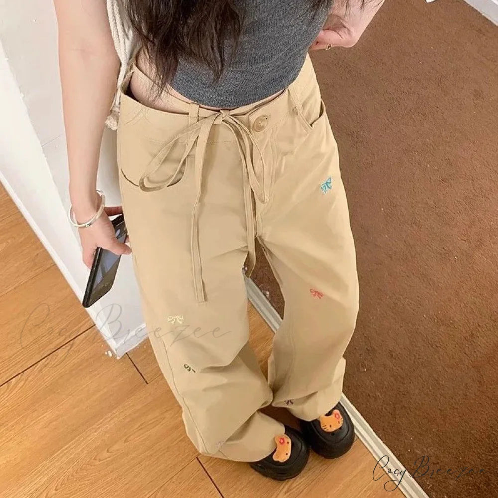 Korean Butterfly Embroidered Pants Khaki / S pants-241228