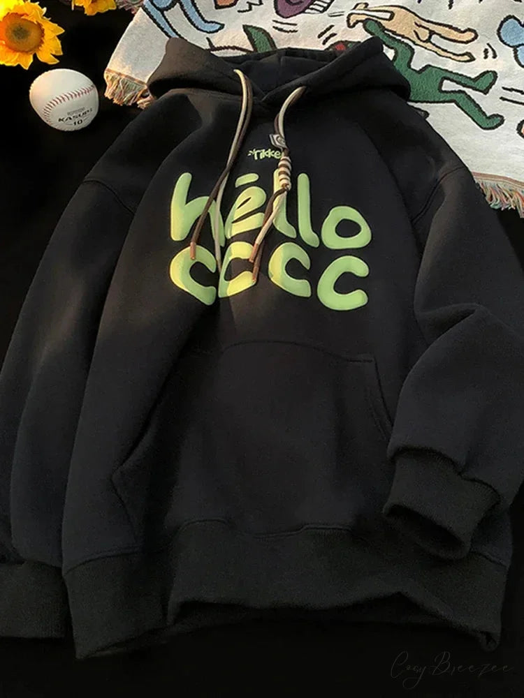 Korean Fashion Letter Printed Fleece Hoodie Black / M(40-50KG) hoodies-241228