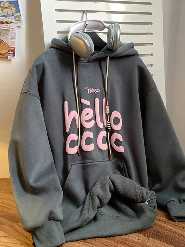 Korean Fashion Letter Printed Fleece Hoodie Dark Grey / M(40-50KG) hoodies-241228