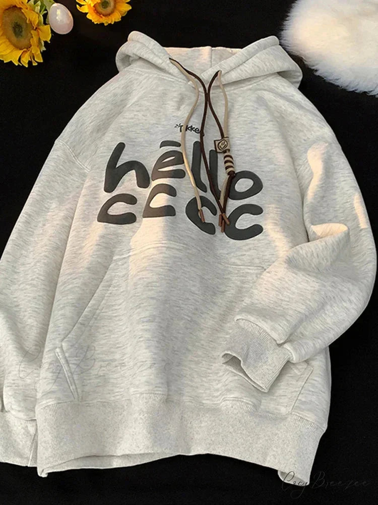 Korean Fashion Letter Printed Fleece Hoodie GRAY / M(40-50KG) hoodies-241228
