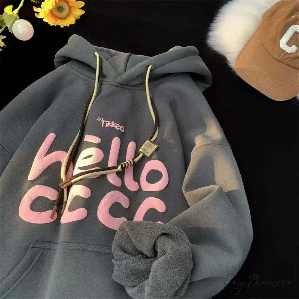 Korean Fashion Letter Printed Fleece Hoodie hoodies-241228