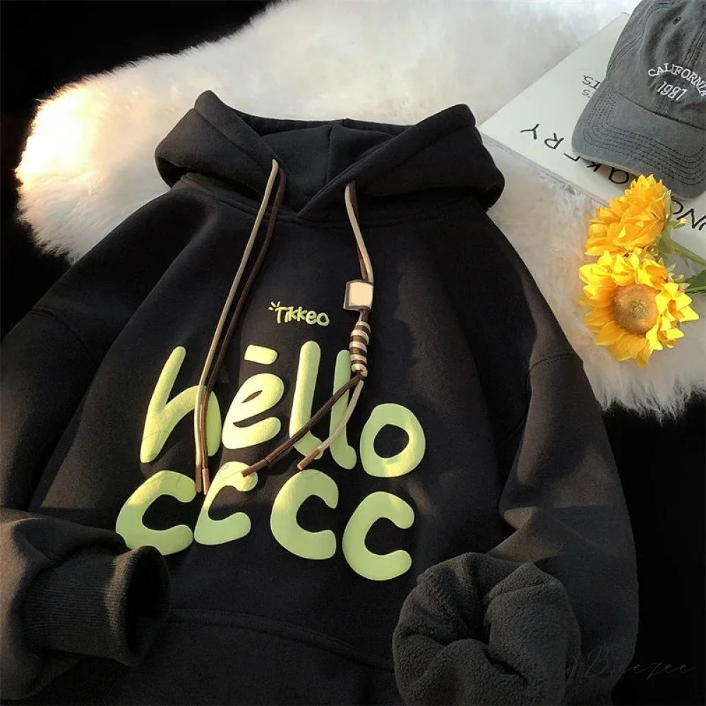 Korean Fashion Letter Printed Fleece Hoodie hoodies-241228