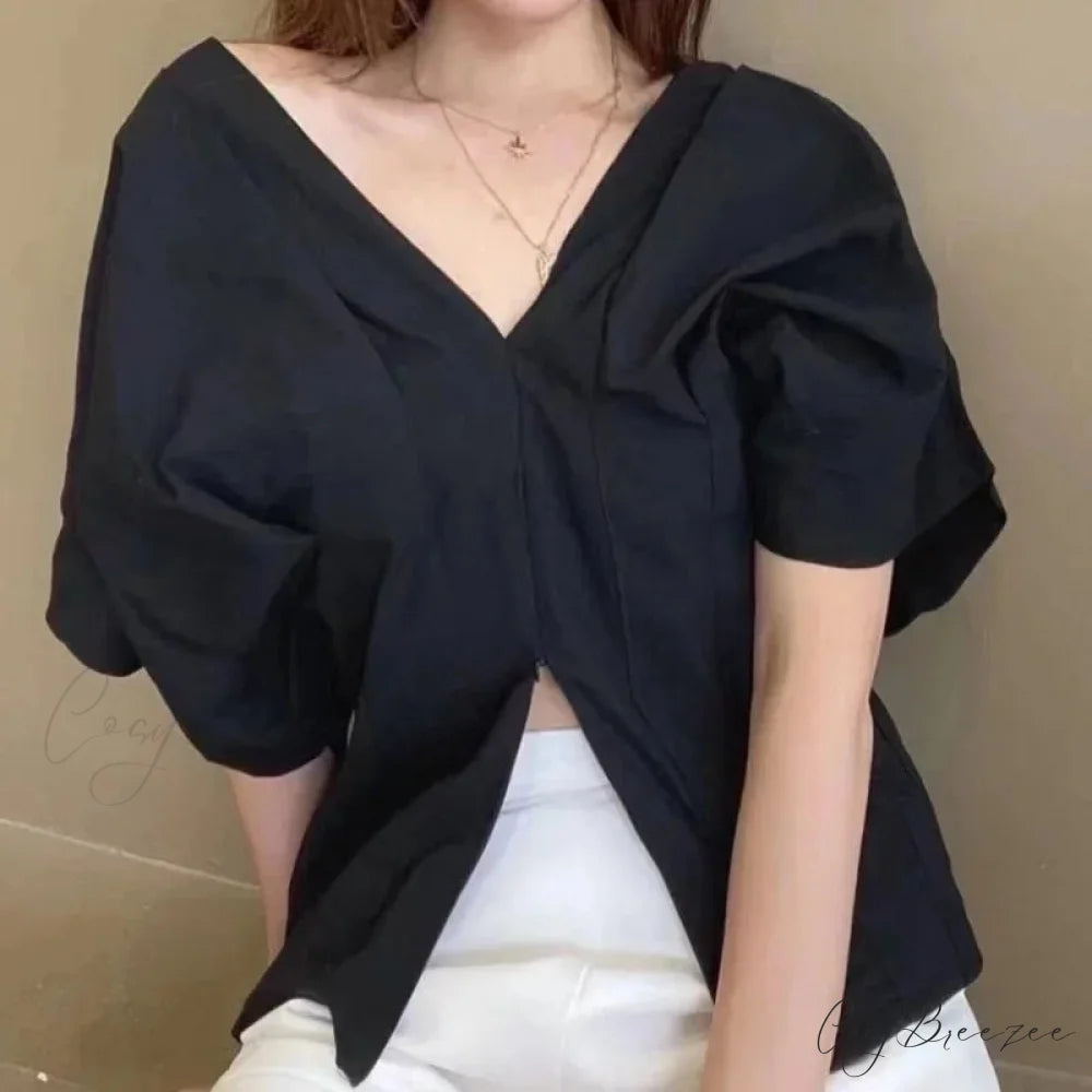 Korean Frilled V-neck Short Sleeve Relaxed Blouse Black / One Size blouse-250126