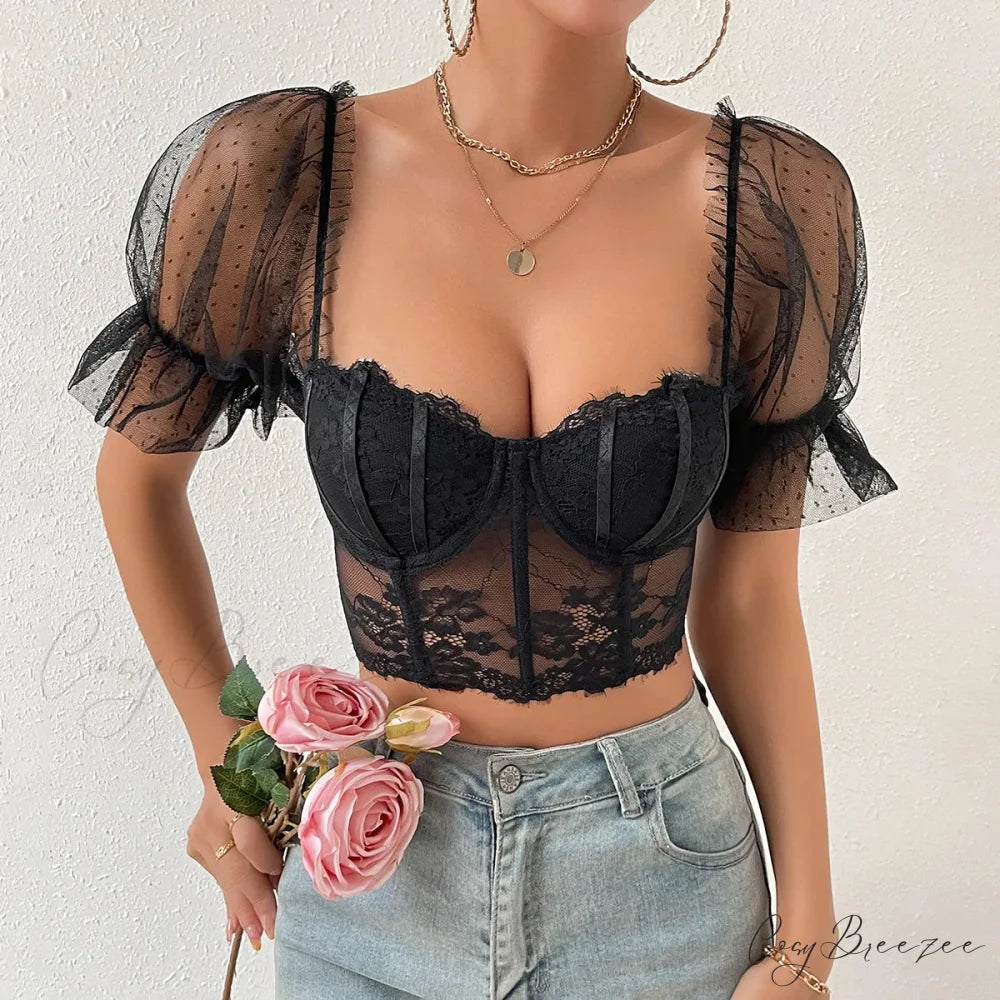 Korean Mesh Sheer Puff Sleeve Lace Crop Top Black / S croptop-250126