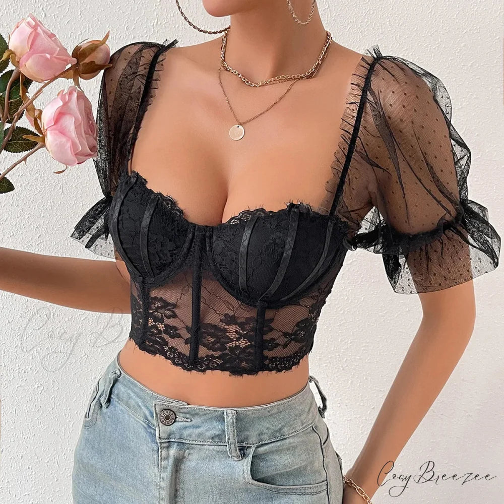 Korean Mesh Sheer Puff Sleeve Lace Crop Top croptop-250126