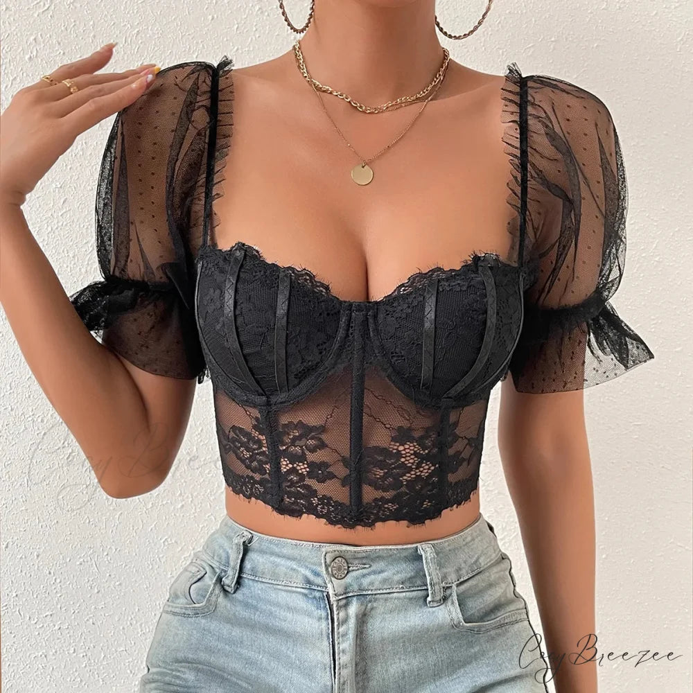 Korean Mesh Sheer Puff Sleeve Lace Crop Top croptop-250126
