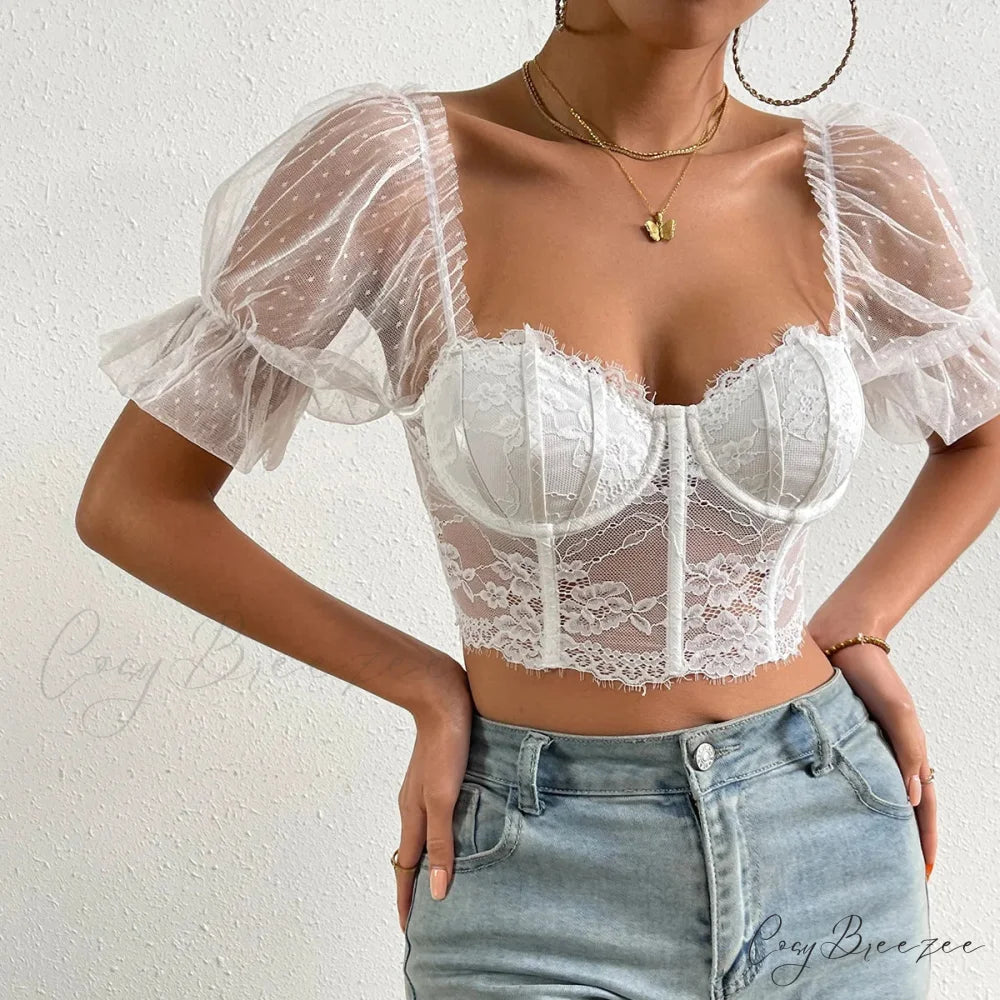 Korean Mesh Sheer Puff Sleeve Lace Crop Top croptop-250126