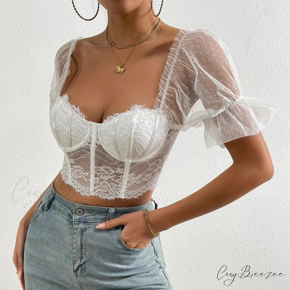Korean Mesh Sheer Puff Sleeve Lace Crop Top White / S croptop-250126