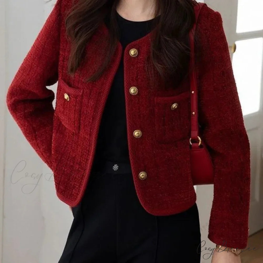 Korean Short Tweed Woolen Cardigan wine red / S