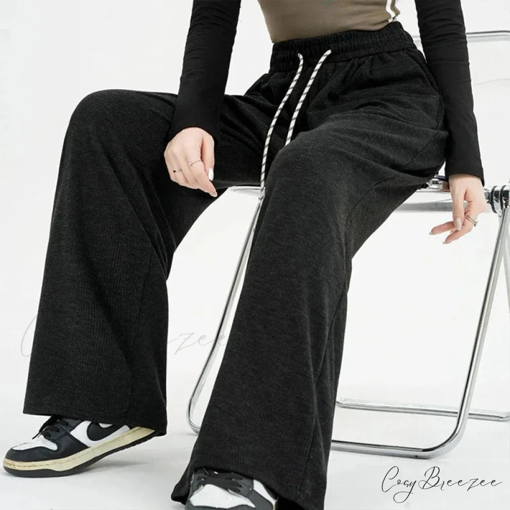 Korean Stripes High Waist Drawstring Pants Black / S pants-241228