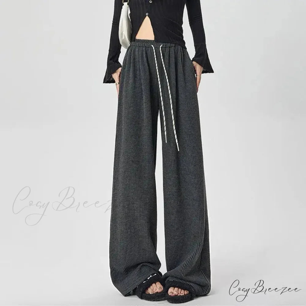 Korean Stripes High Waist Drawstring Pants Dark Grey / S pants-241228