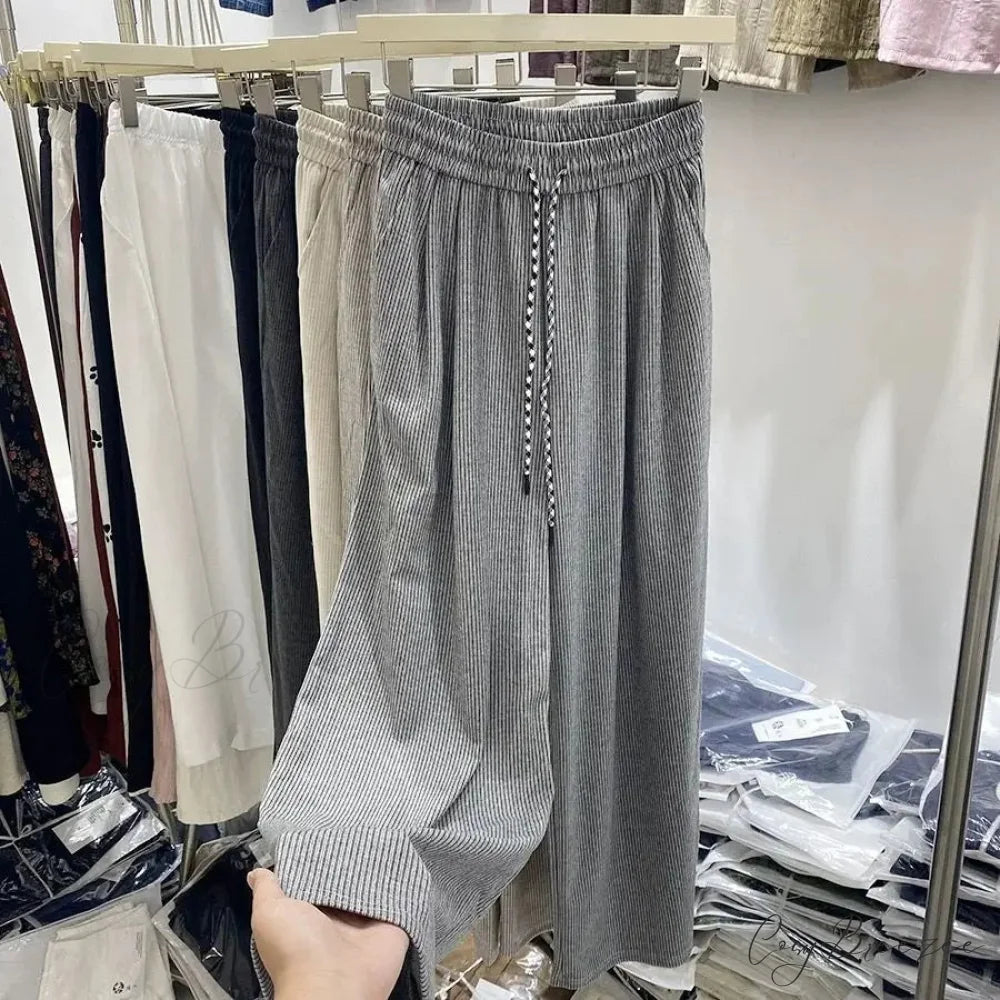 Korean Stripes High Waist Drawstring Pants LIGHT GRAY / S pants-241228