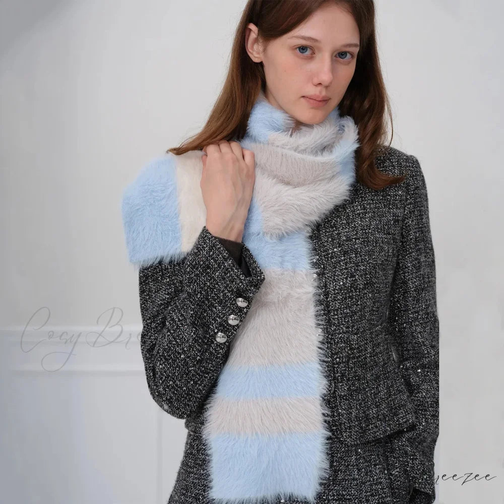 Korean Style Soft Warm Stripe Knitted Scarf for Autumn/Winter Blue and beige / L173CM W14CM
