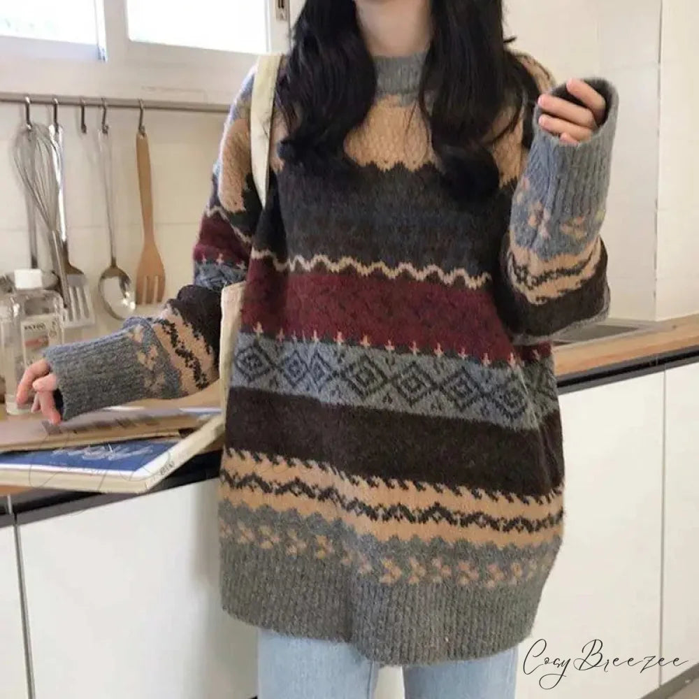Korean Style Striped Loose Pullover Sweater Grey / One Size swraters-241228