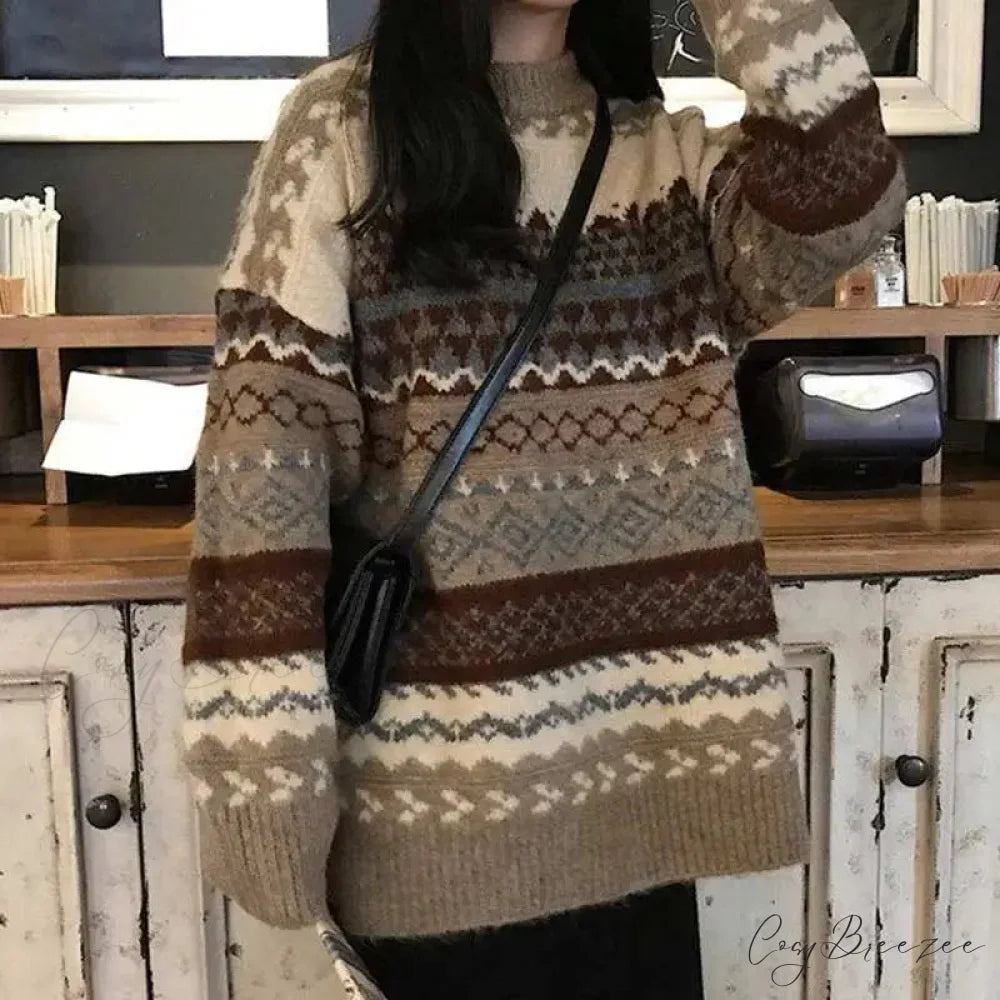 Korean Style Striped Loose Pullover Sweater Khaki / One Size swraters-241228
