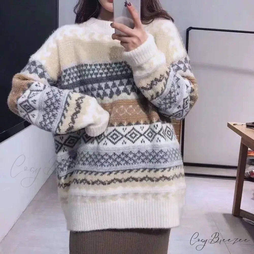 Korean Style Striped Loose Pullover Sweater White / One Size swraters-241228