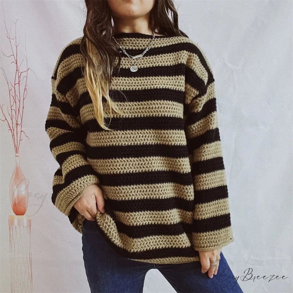 Korean Style Striped Oversized Sweater Khaki / S swraters-241228