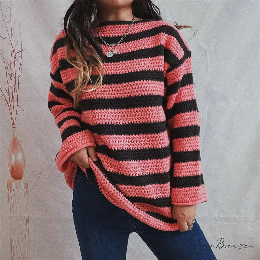 Korean Style Striped Oversized Sweater Pink / S swraters-241228