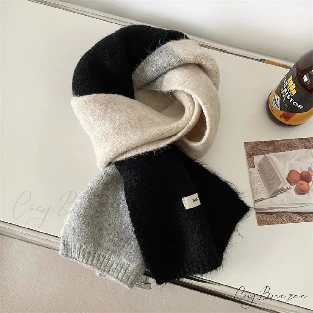 Korean Style Winter Wool Striped Scarf white 1 scarf-241228