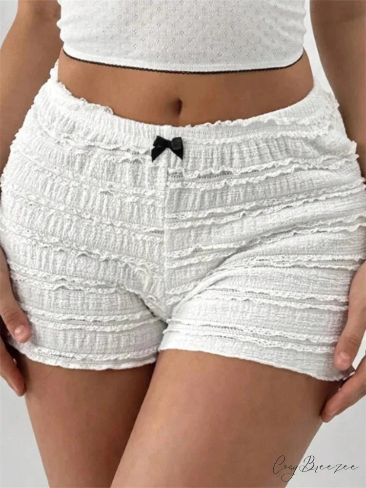 Lace Bow Patchwork Stretch Shorts white / S short-250223