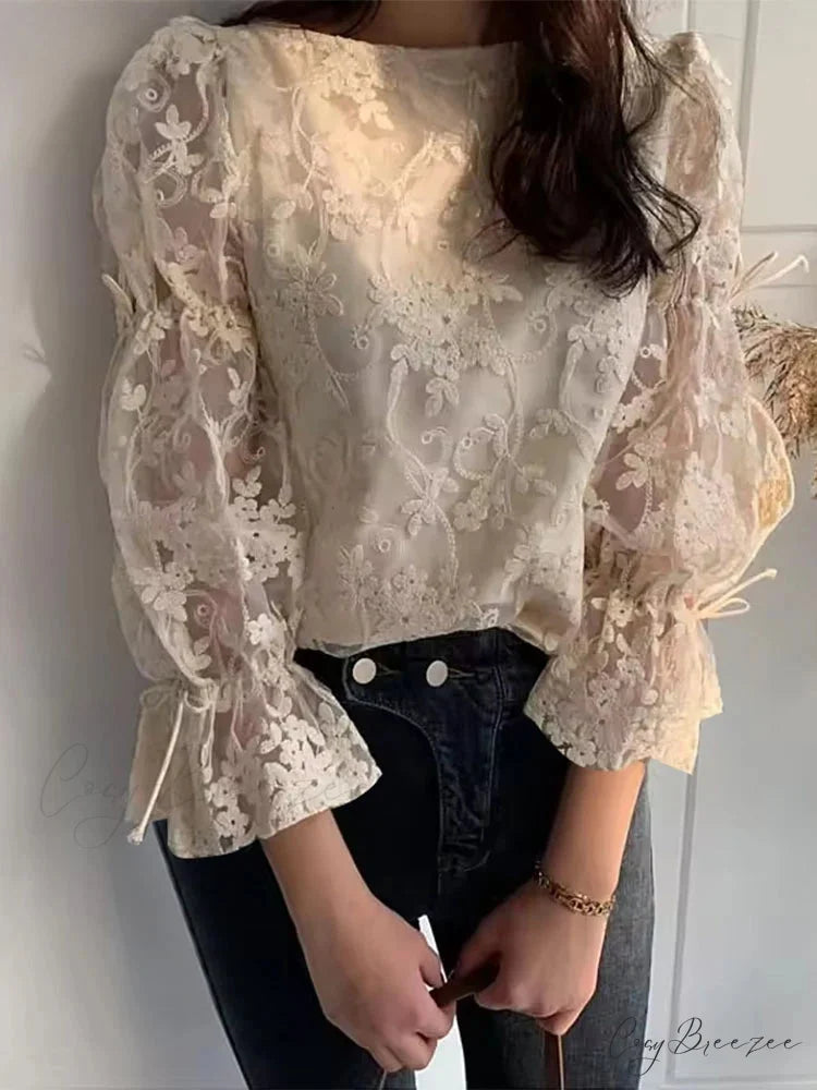 Lace Embroidered Puffy Sleeve Holiday Blouse Beige / S blouse-250126