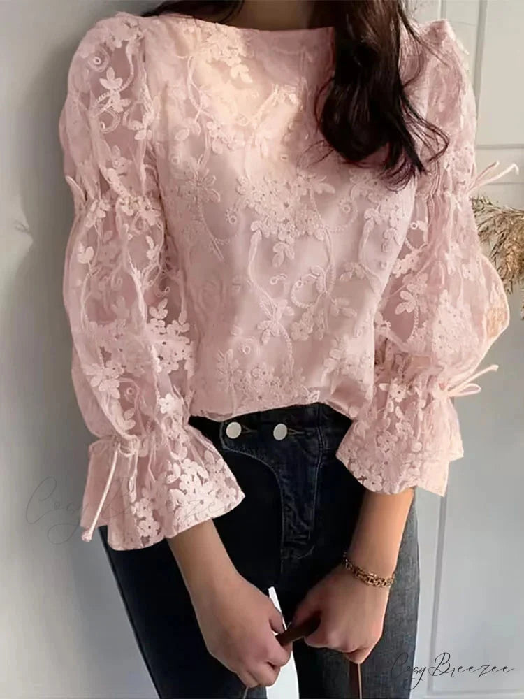 Lace Embroidered Puffy Sleeve Holiday Blouse Pink / S blouse-250126