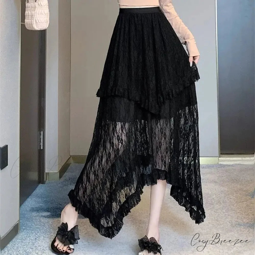 Lace Fairycore Tulle Ruffle Vintage Irregular Skirt