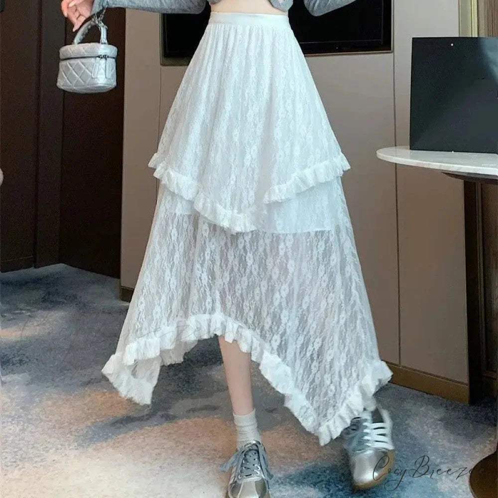 Lace Fairycore Tulle Ruffle Vintage Irregular Skirt