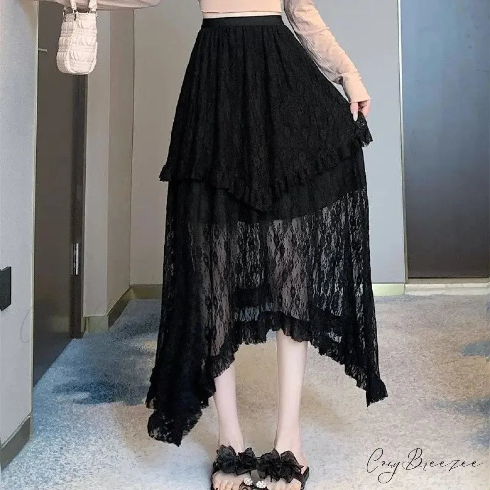 Lace Fairycore Tulle Ruffle Vintage Irregular Skirt Black / S