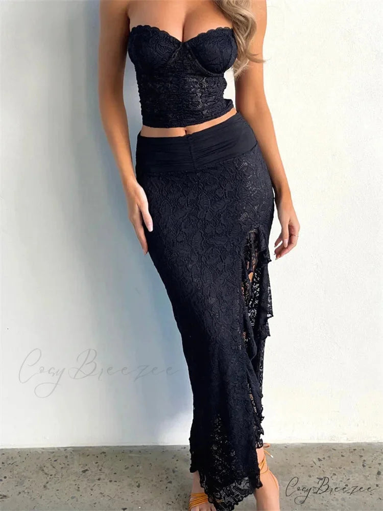 Lace Floral Bustiers Crop Top High Split Long Skirt Set skirt-250126