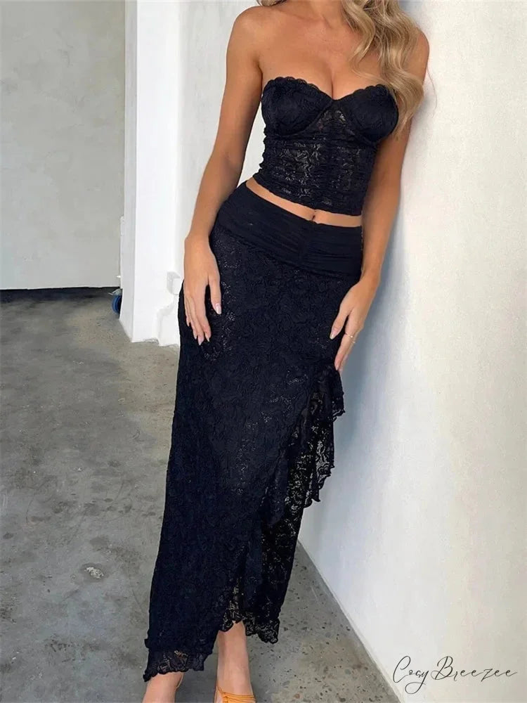 Lace Floral Bustiers Crop Top High Split Long Skirt Set Black / S skirt-250126
