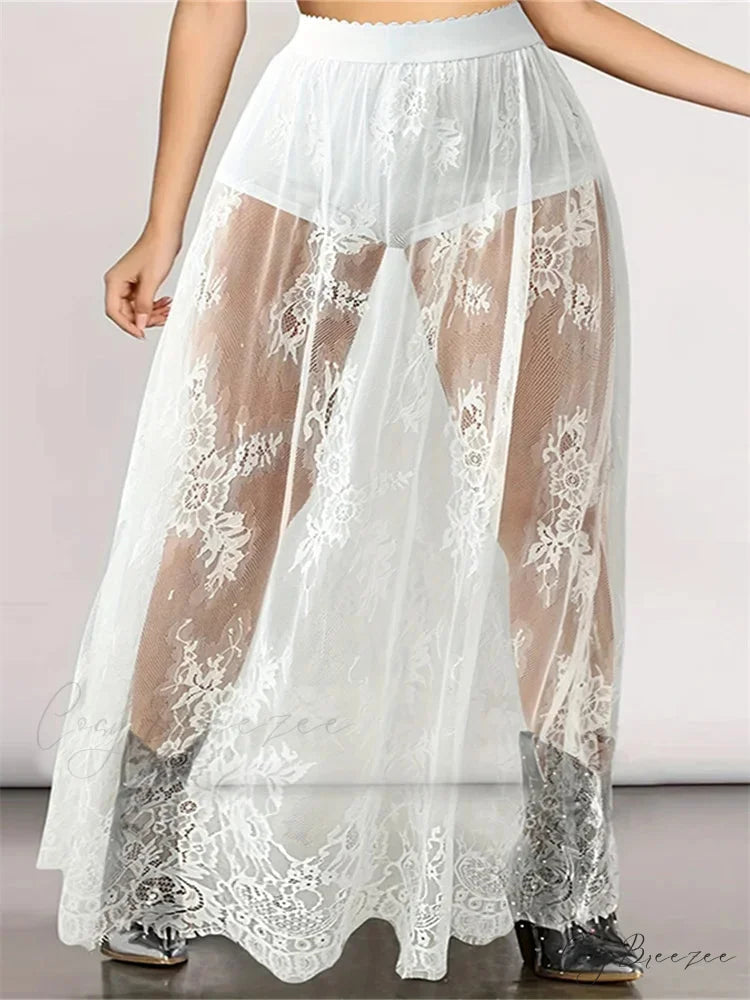 Lace Floral Long Maxi Skirt Solid Mesh Built-in Shorts Skirt WHITE / S skirt-250126