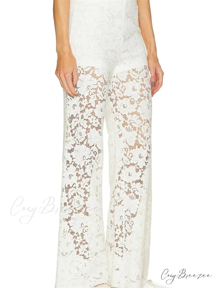 Lace Floral Loose Wide Leg Transparent Mesh Pant pant-250223