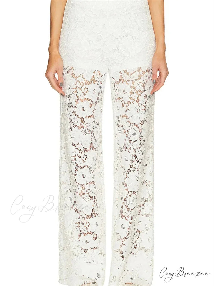 Lace Floral Loose Wide Leg Transparent Mesh Pant pant-250223