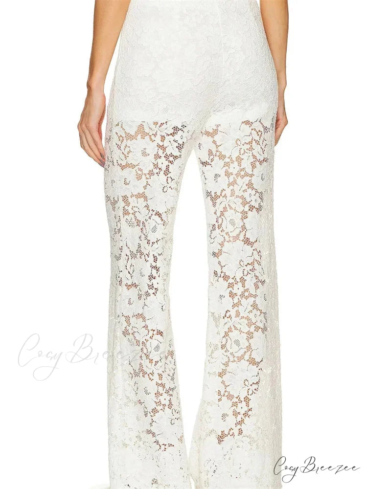Lace Floral Loose Wide Leg Transparent Mesh Pant pant-250223