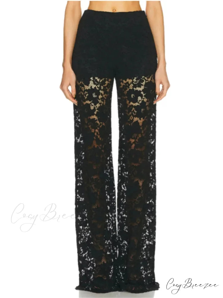 Lace Floral Loose Wide Leg Transparent Mesh Pant BLACK / S pant-250223