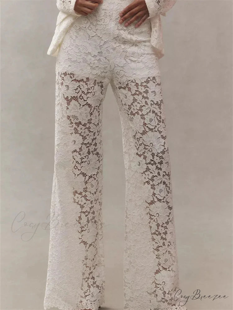 Lace Floral Loose Wide Leg Transparent Mesh Pant WHITE / S pant-250223