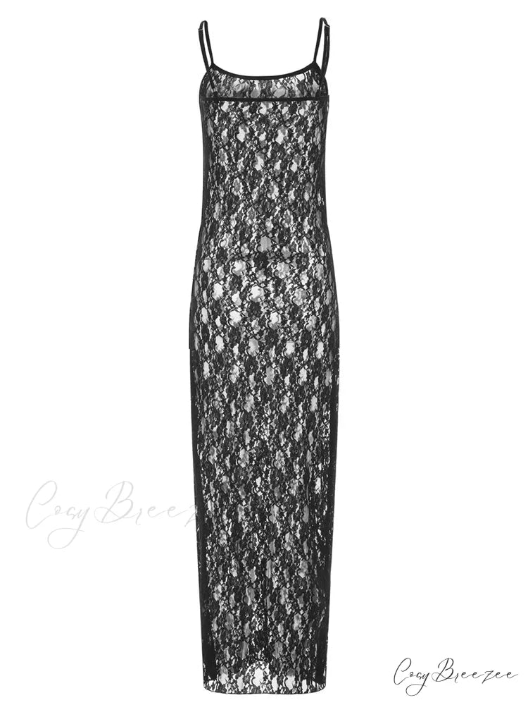Lace Floral Mesh See Through Summer Beach Cover Ups Women Sleeveless Strap Solid Slim Vestidos