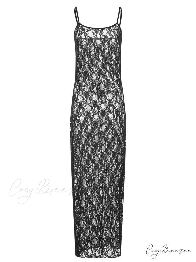 Lace Floral Mesh See Through Summer Beach Cover Ups Women Sleeveless Strap Solid Slim Vestidos