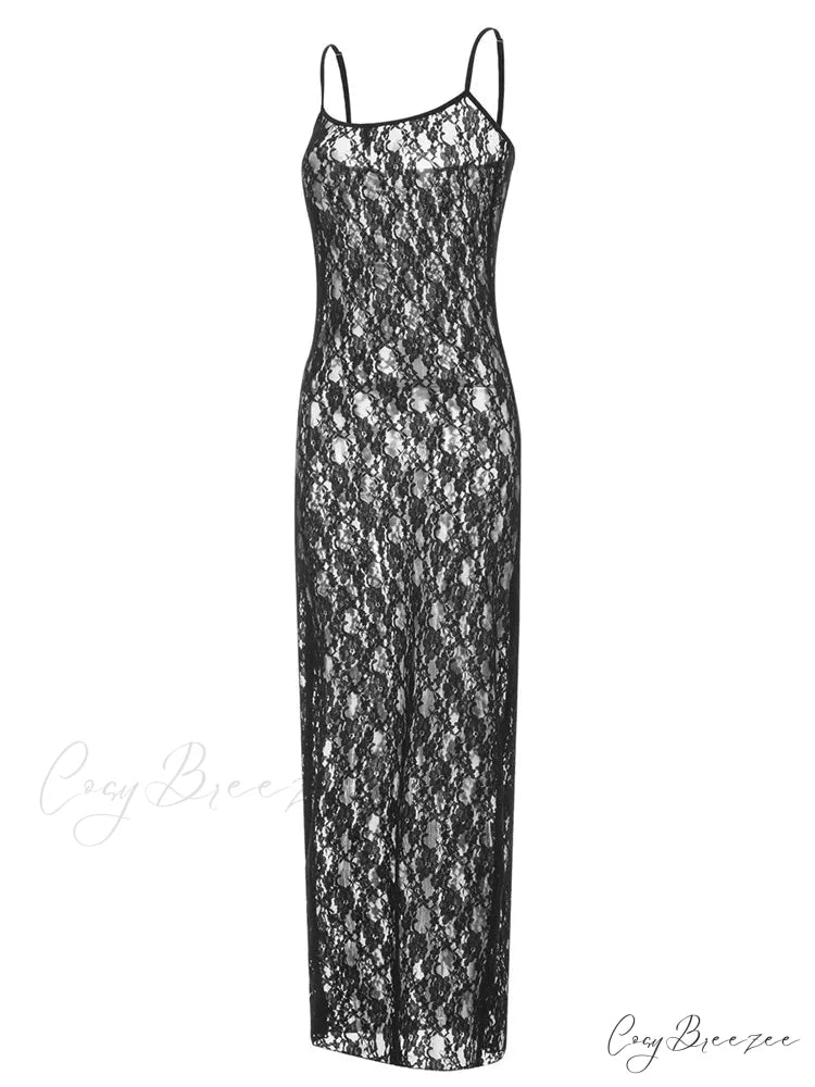 Lace Floral Mesh See Through Summer Beach Cover Ups Women Sleeveless Strap Solid Slim Vestidos