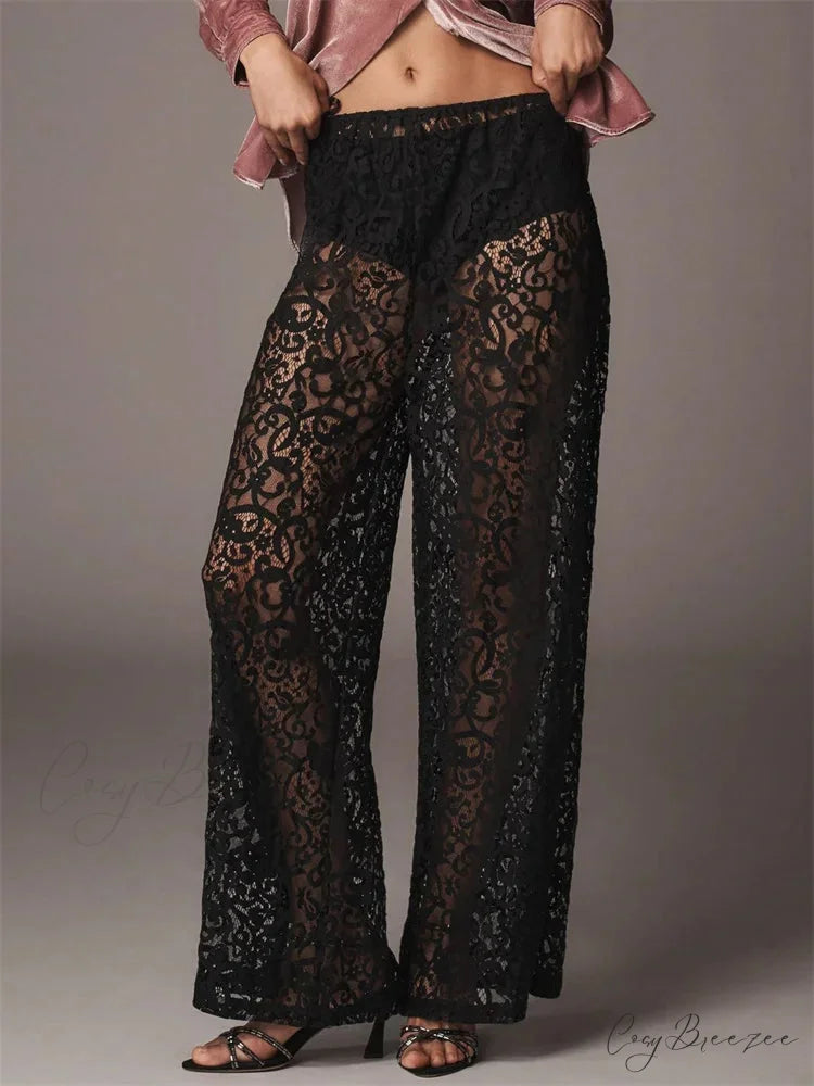 Lace Floral Net Transparent Black Wide Leg Pant pant-250223