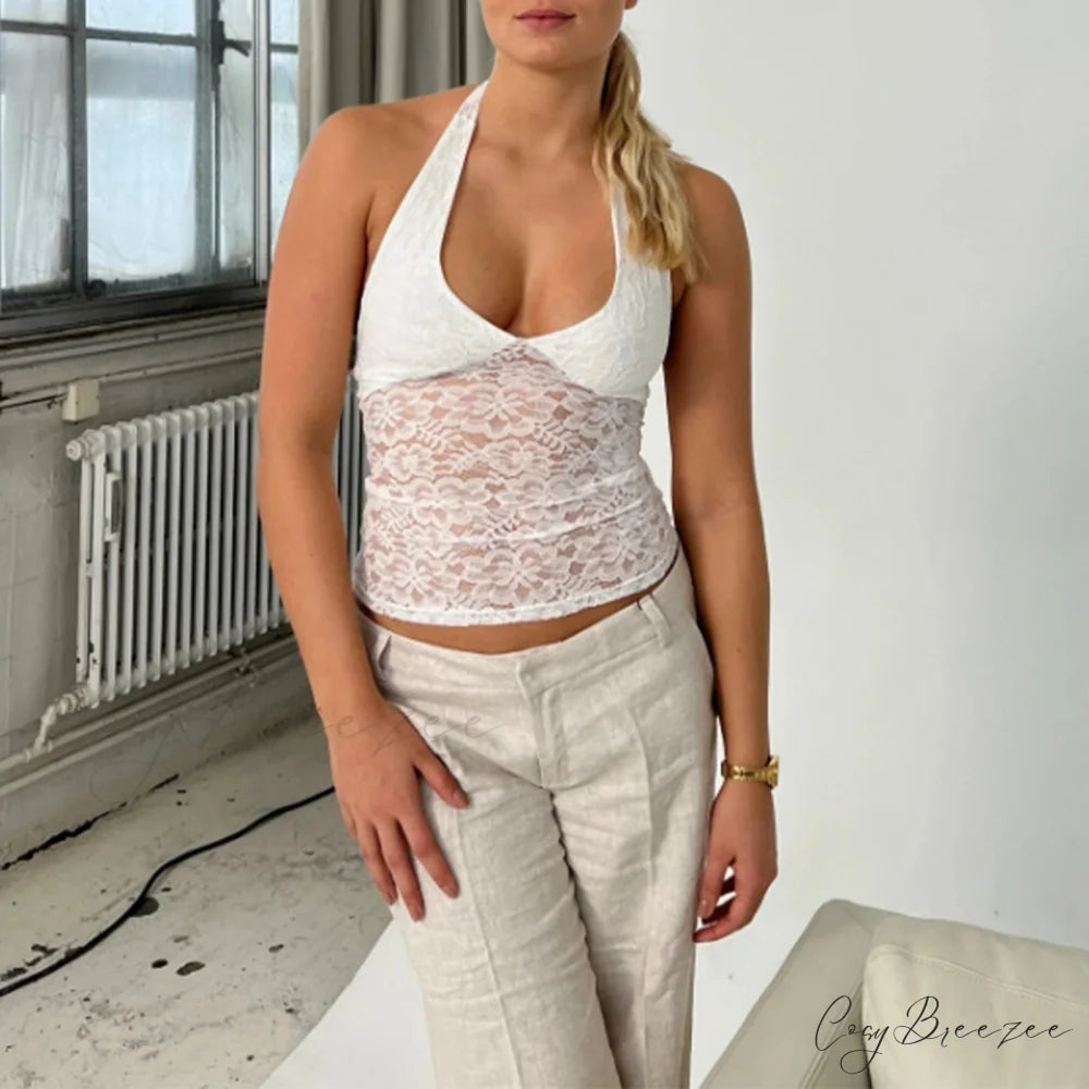 Lace Halter Open-Back Crop Top WHITE / S croptop-250223
