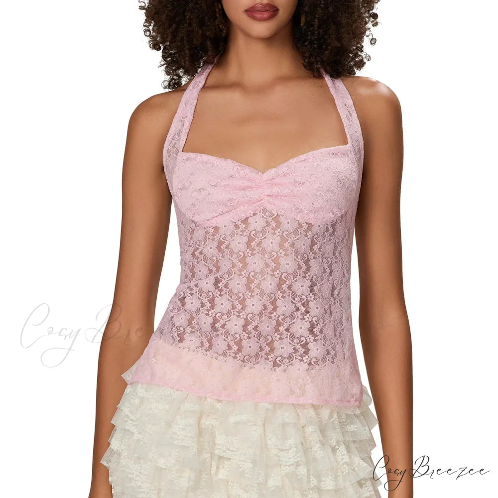 Lace Halter Tie-Up Crop Top pink 1 / S croptop-250223