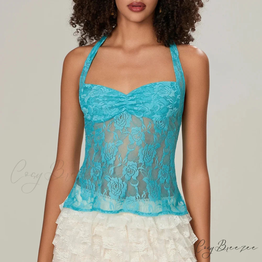 Lace Halter Tie-Up Crop Top pink / S croptop-250223